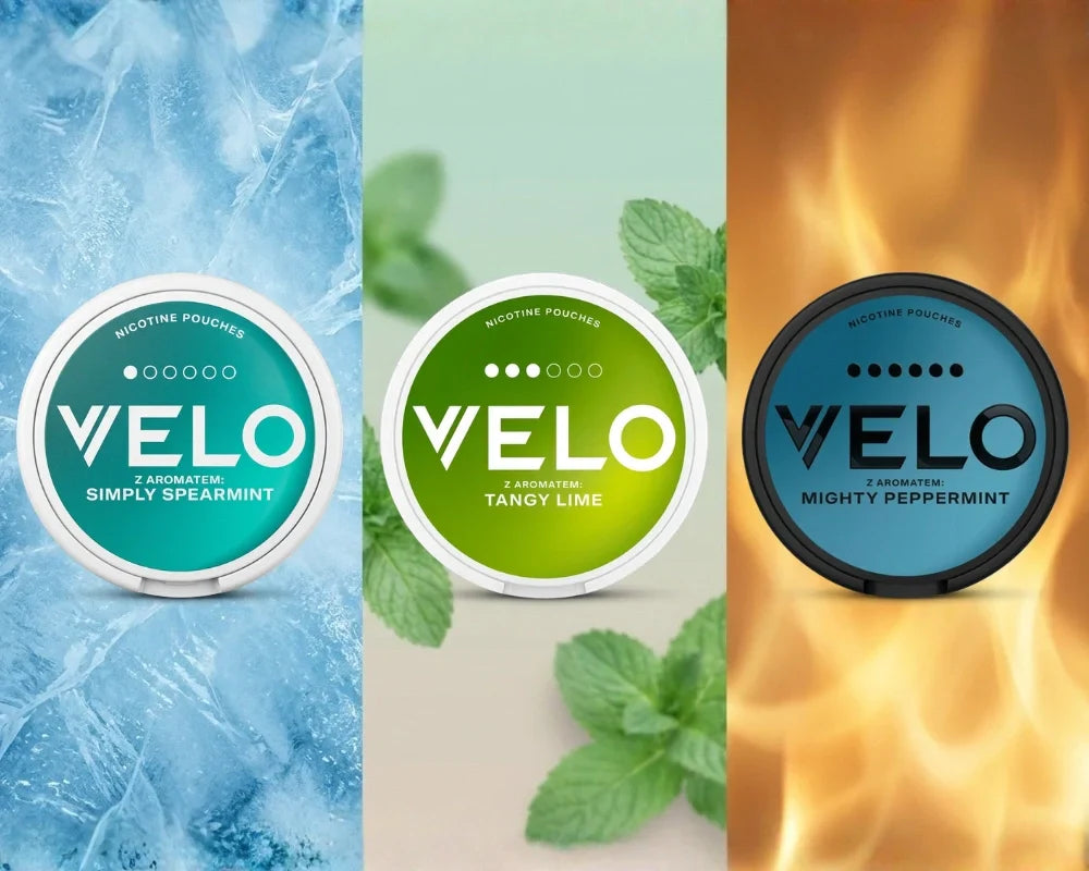 Three VELO cans against ice, mint leaves and flames, from Simply Spearmint to Mighty Peppermint